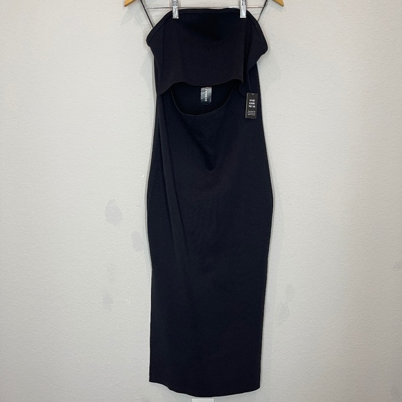 Express Body Contour Midi Dress Women's L Black Strapless Cutout Front Slit - Picture 1 of 14